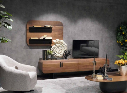 Wunnzëmmer-Komplettset, Wunnzëmmergarnitur, brong Miwwelen, Wandregal, nei